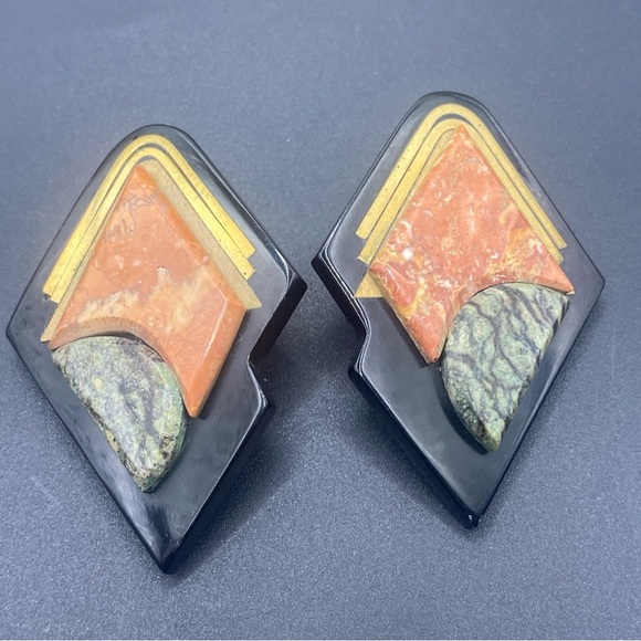 Vintage Geometric Acrylic and Marble Stone Earrings from 1970 - Picture 2 of 5